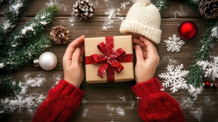 Child Hands Holding Christmas Present on Wooden Table