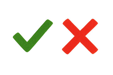 Obraz premium Green check mark and red cross symbols isolated on transparent background