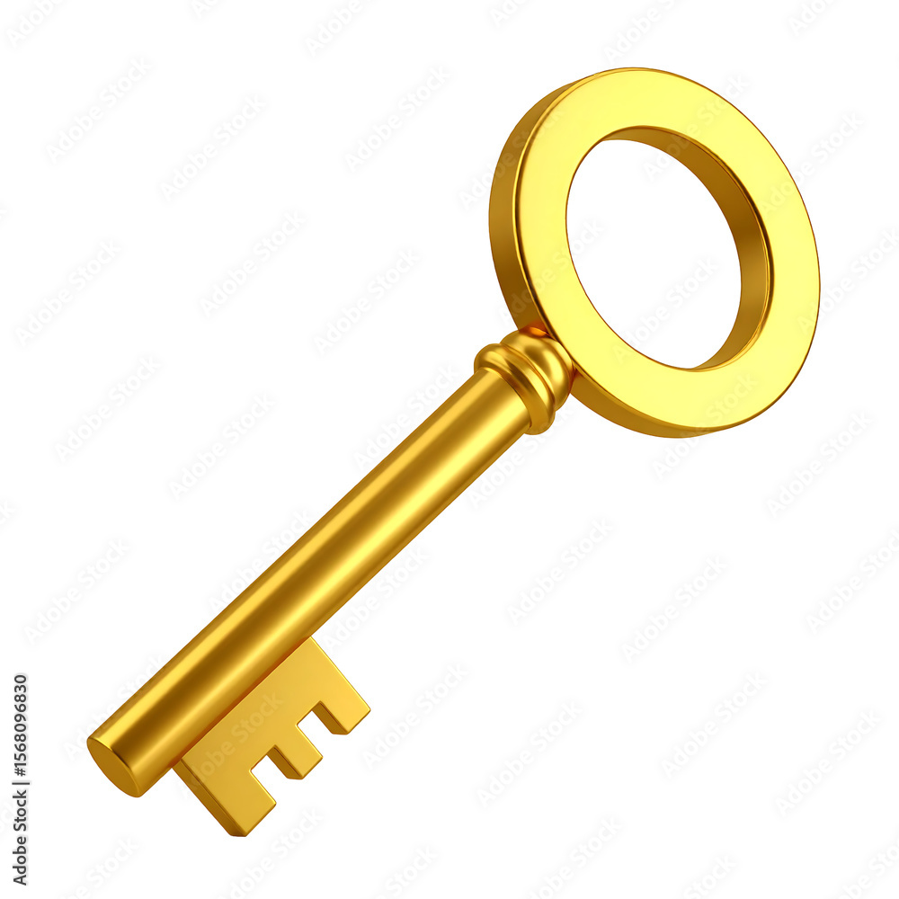 Poster floating golden key with curved crest top blank design on transparent background in 3d rendering