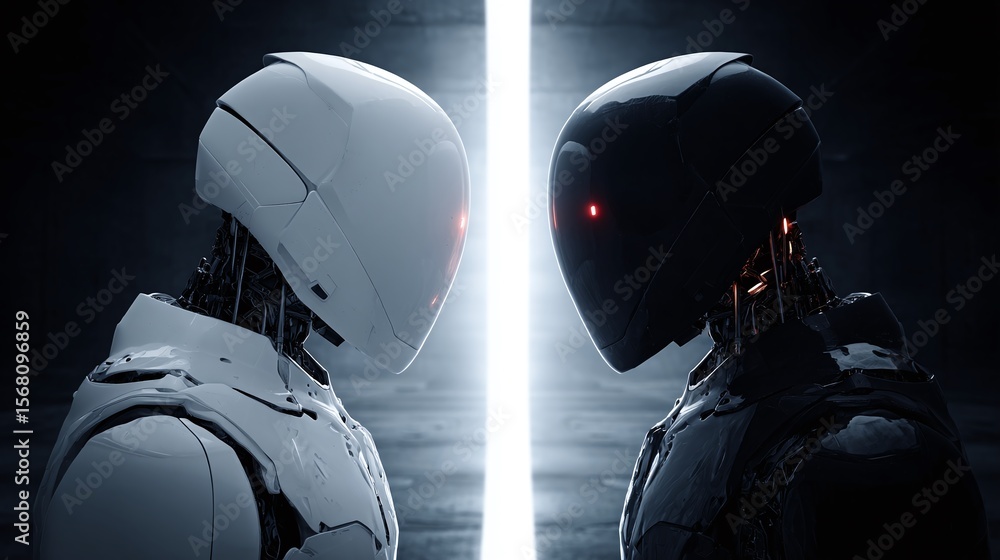 Poster robotic confrontation: a stark contrast between light and dark androids, their gazes locking in a fu
