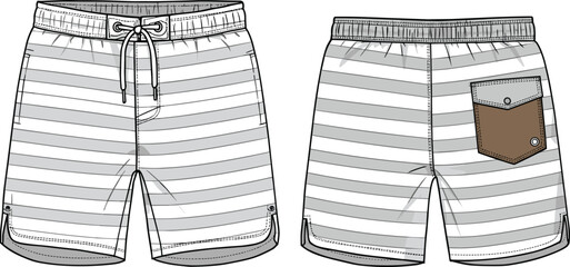 cad drawing flat vector illustration, mens striped board shorts technical fashion sketch, front and back view design template