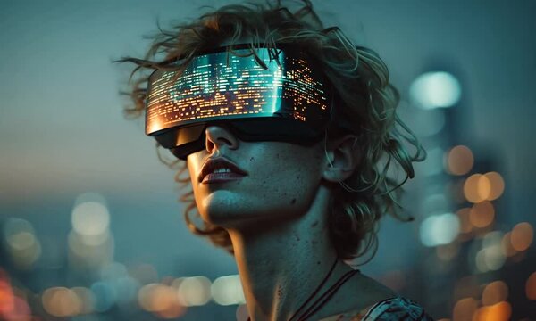 A person wearing a high-tech visor gazes at a cityscape projected on its surface, with a blurred background