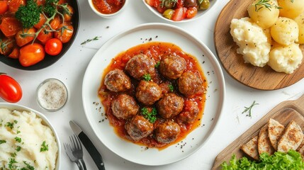 Meatballs in Tomato Sauce Served with Potatoes and Bread