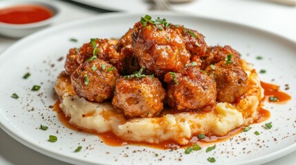Glazed Meatballs with Mashed Potatoes on Plate