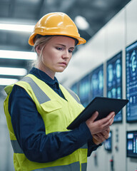 Woman engineer in a safety vest and helmet uses a tablet to monitor industrial control panels in a high-tech facility.