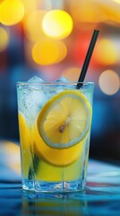 Refreshing Lemonade Cocktail with Ice and a Black Straw