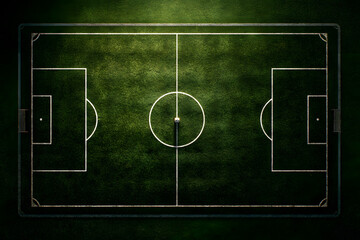 Football soccer game plan strategy, coaching in sport concept, top view green field.