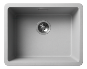 Quartz built-in sink with a single deep basin, suitable for a busy household kitchen, offering non-porous and hygienic surfaces.