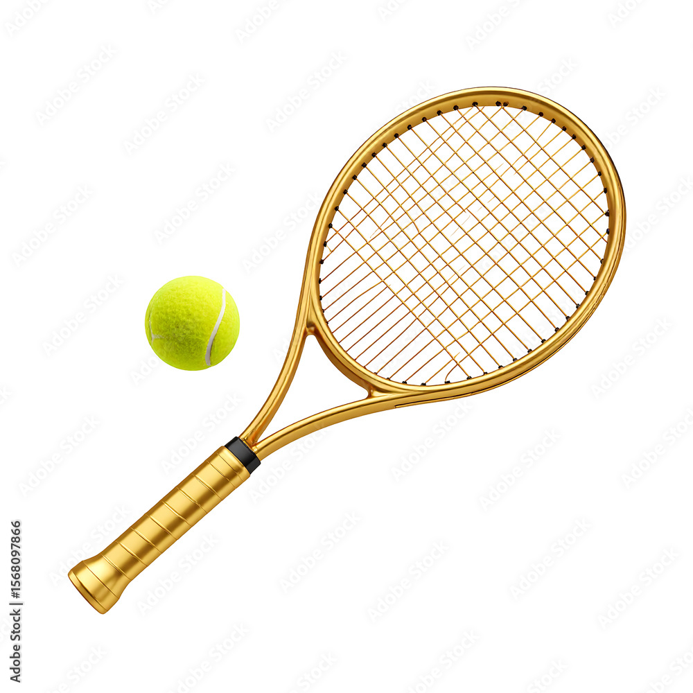 Poster floating golden tennis racket and ball on transparent background icon stylized 3d render