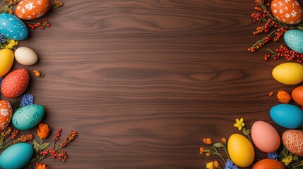 Vibrant Easter Eggs and Spring Flowers on Wooden Table background