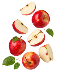 Stock photo of fresh red apples and apple slices floating on black background for healthy eating concept