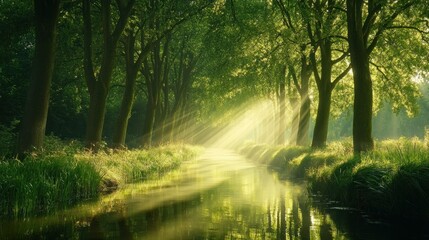 Serene Canal with Sunbeams Through Trees