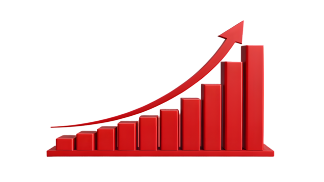 Red 3D Bar Graph Showing Exponential Growth and Upward Trend