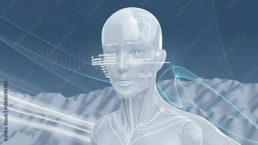 Poster futuristic humanoid robot with translucent skin and digital interface elements, showcasing advanced 