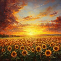 Oil Painting of Sunflower Field at Sunset