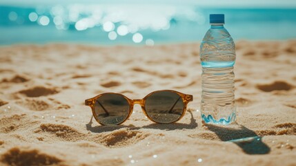 Water bottle and sunglasses on sandy beach