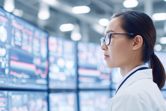 A professional woman in glasses analyzes multiple digital data screens displaying stock market trends and financial information.