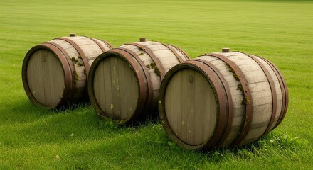 Obraz premium a wooden classic barrel in barn put on the hay in a barn in a rural farm feild