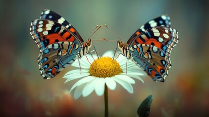 Two Painted Lady Butterflies on a Daisy Flower
