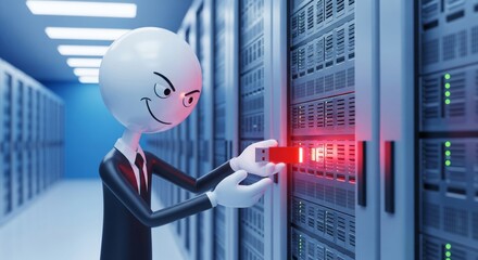 3d render of a malicious cartoon character stealing data with a usb drive in a server room