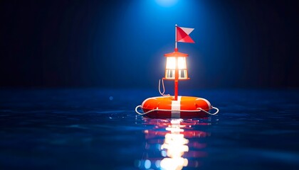 Floating Lantern with Red Buoy Bobbing in Night Water