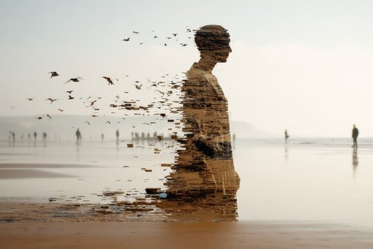 Disintegrating Figure on a Beach, Birds in Flight, Pixelated Man - Powered by Adobe