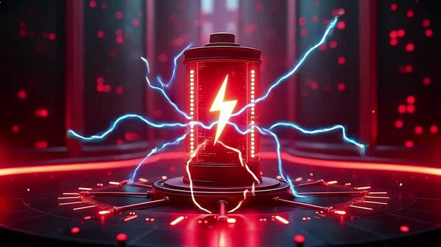 Futuristic battery glowing with electric lightning bolts, symbolizing high voltage power, clean energy technology and modern renewable power sources.