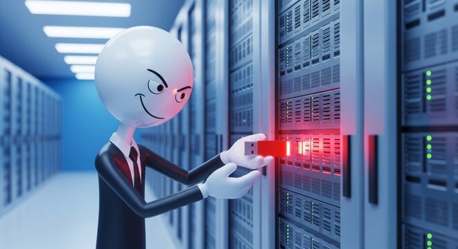3d render of a malicious cartoon character stealing data with a usb drive in a server room