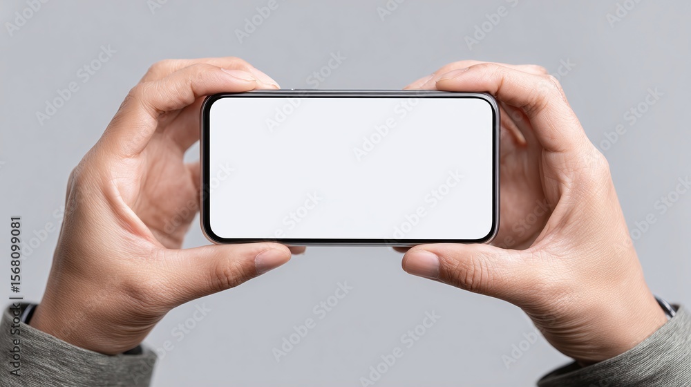 Aufkleber hands holding a device horizontally with a blank white screen against a grey backdrop, ideal for app