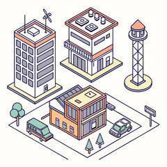 Naklejka premium Isometric urban cityscape with buildings vehicles and trees