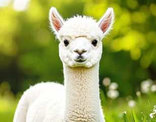 Obraz premium Young white alpaca on a field. AI
