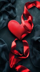 Red Heart Wrapped in Ribbon on Dark Fabric