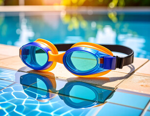 A pair of brightly colored swim goggles resting on a poolside tile with a ripple effect in water below.