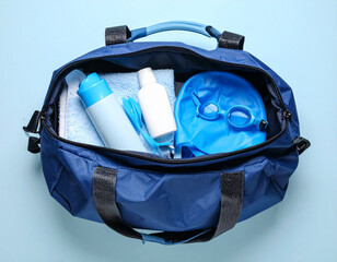 A flat-lay shot of a swimmer's bag filled with swim cap, goggles, sunscreen, and a bottle of water.