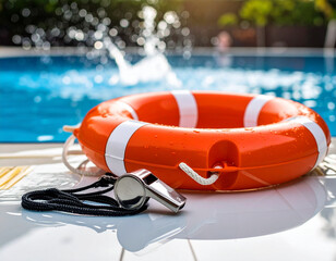 A lifeguard float sitting beside a whistle on polished pool tiles surrounded by water splashes.