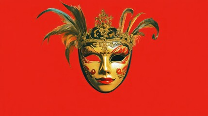 Golden Venetian Mask with Feathers on Red Background