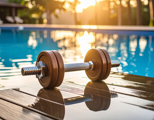 A water resistance barbell placed on the edge of a pool, symbolizing strength training in aquatic sports.