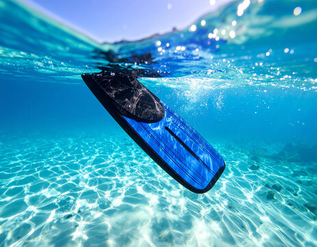 A competitive swimmer's kickboard floating beneath clear blue water with light ripples creating sparkles in the surface. - Powered by Adobe