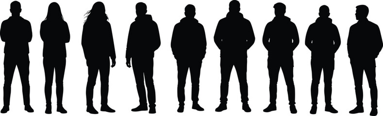 Standing people silhouette collection, group of men and women, urban fashion figures, casual human poses, black vector character design