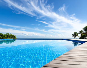 The shimmering, distorted reflection of a bright blue sky on the rippling surface of an empty pool.