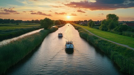 Canal Boats Cruising at Sunset in the Norfolk Broads, UK