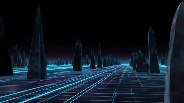 Digital landscape with glowing grid pathways and dark, pointy structures.