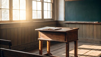 Empty vintage classroom with sunlight streaming through windows onto an open book on a wooden desk