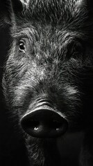 Intense Close-up of a Wild Boar Face in Black and White