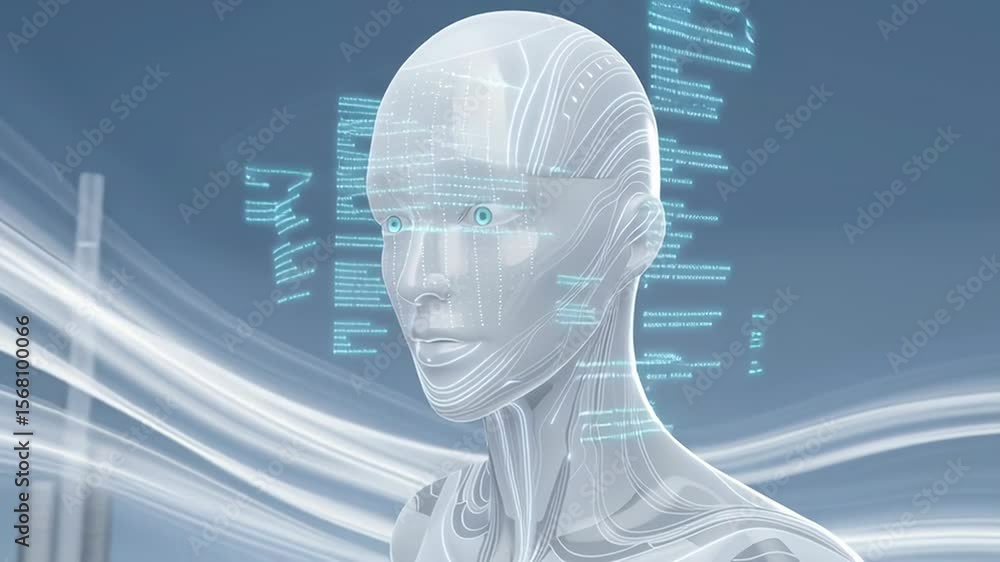 Poster futuristic humanoid robot with transparent skin and digital interface elements, showcasing advanced 