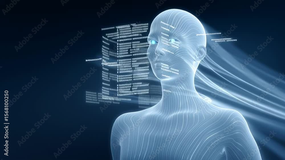 Poster futuristic digital human figure with glowing lines and data streams, representing advanced technolog