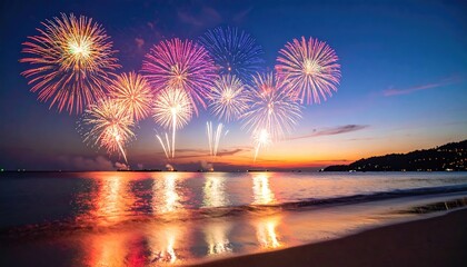 Fireworks over the ocean at sunset