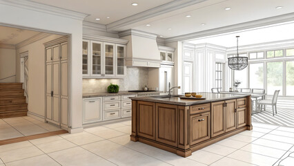 Modern kitchen interior combining photo and architectural sketch