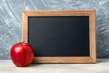 A single ripe red apple rests on a textured surface next to a wooden framed blackboard with a black surface