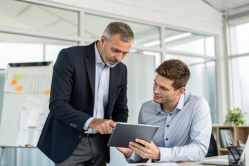  Professional Businessmen Collaborating on Digital Tablet in Office
